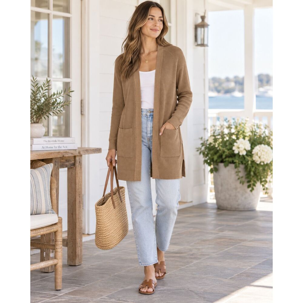 Cyrus Women's S Camel Open Front Longline Waffle Knit Cardigan Quiet Luxury